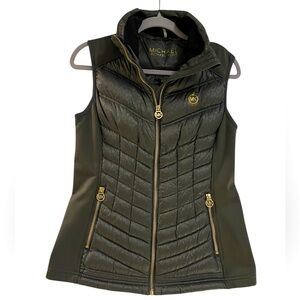 Michael Kors Green Leopard Print Puffer Vest Stretch Good Logo Zipper